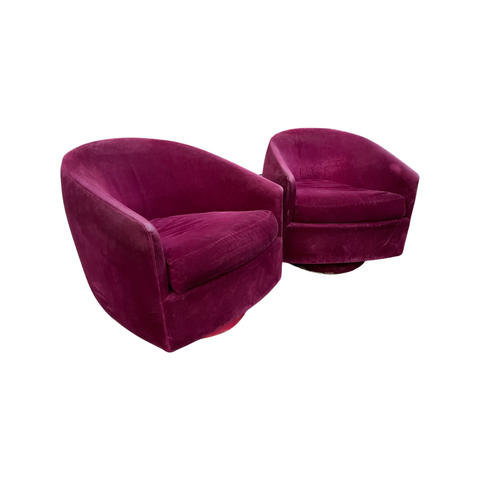 Plum Colored Velvet Milo Baughman Style Swivle Barrel Chairs (Pair Available Priced Individually)