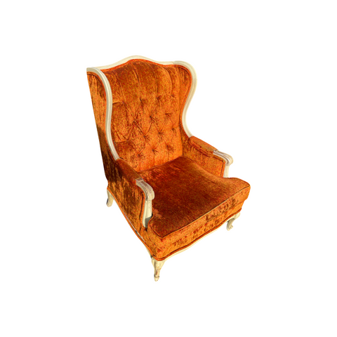 Ornate Antique Broyhill Orange Velvet Tufted Armchair