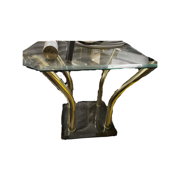 Gold Brass Four Prong Tubular Marble and Glass Side Table