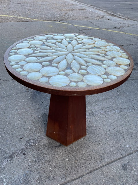 Gorgeous MCM Tue Poulsen Style Wood and Mother of Pearl Inlayed Mosiac Pedestal Side Table