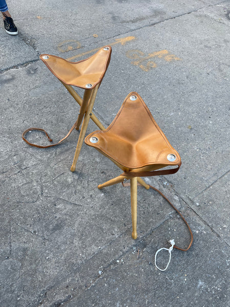 Pair of Designer Portable Camping Tripod Stools Wood and Cognac Brown Leather
