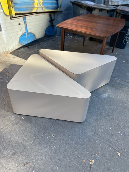Pair of Plinth Style Rounded Triangle Coffee Tables